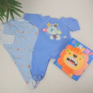 Baby Boys 6M Blue 2PC Sleeper Bodysuit + Chomp Animal Book Safari Zoo Sensory